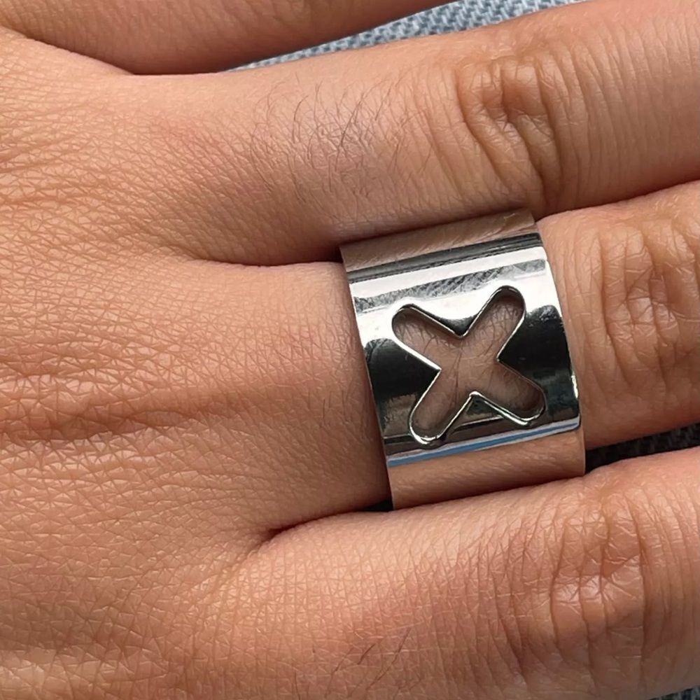 Silver Stainless Steel Cut Out X Wide Band Ring Cybercore Streetwear Unisex NWT
